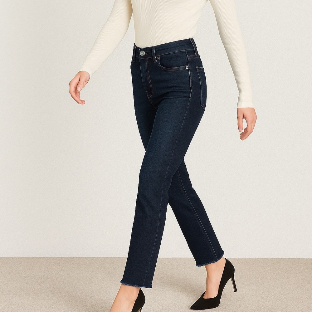 Evereve‎ The Ever Straight Jeans High Rise Raw Hem Dark Wash Denim Size 26